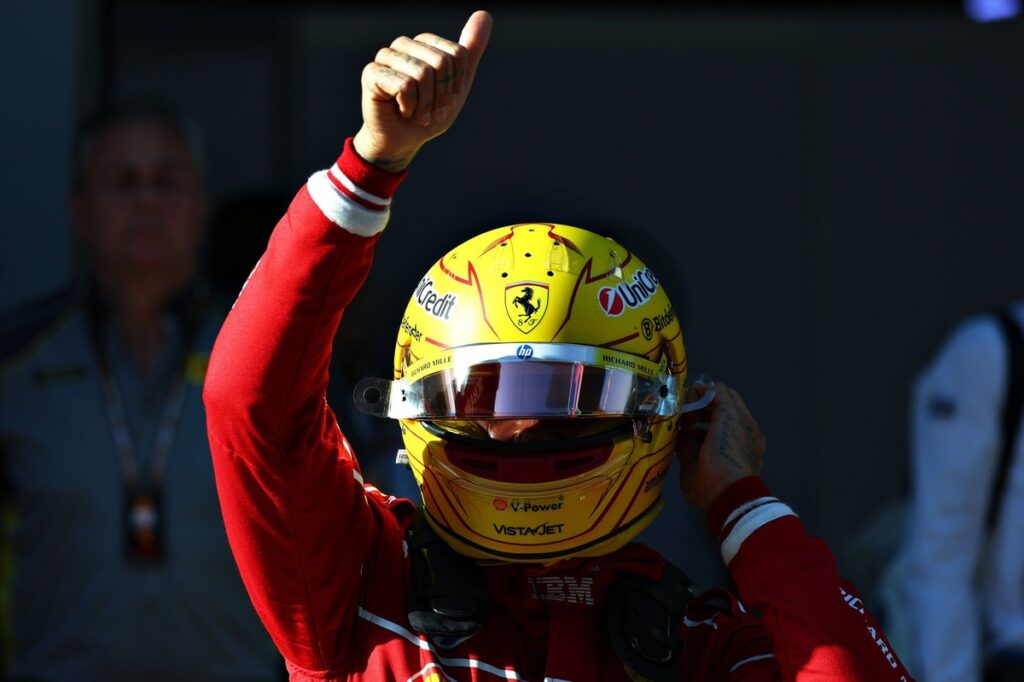 Hamilton “gobsmacked” as he gets first Ferrari sprint pole