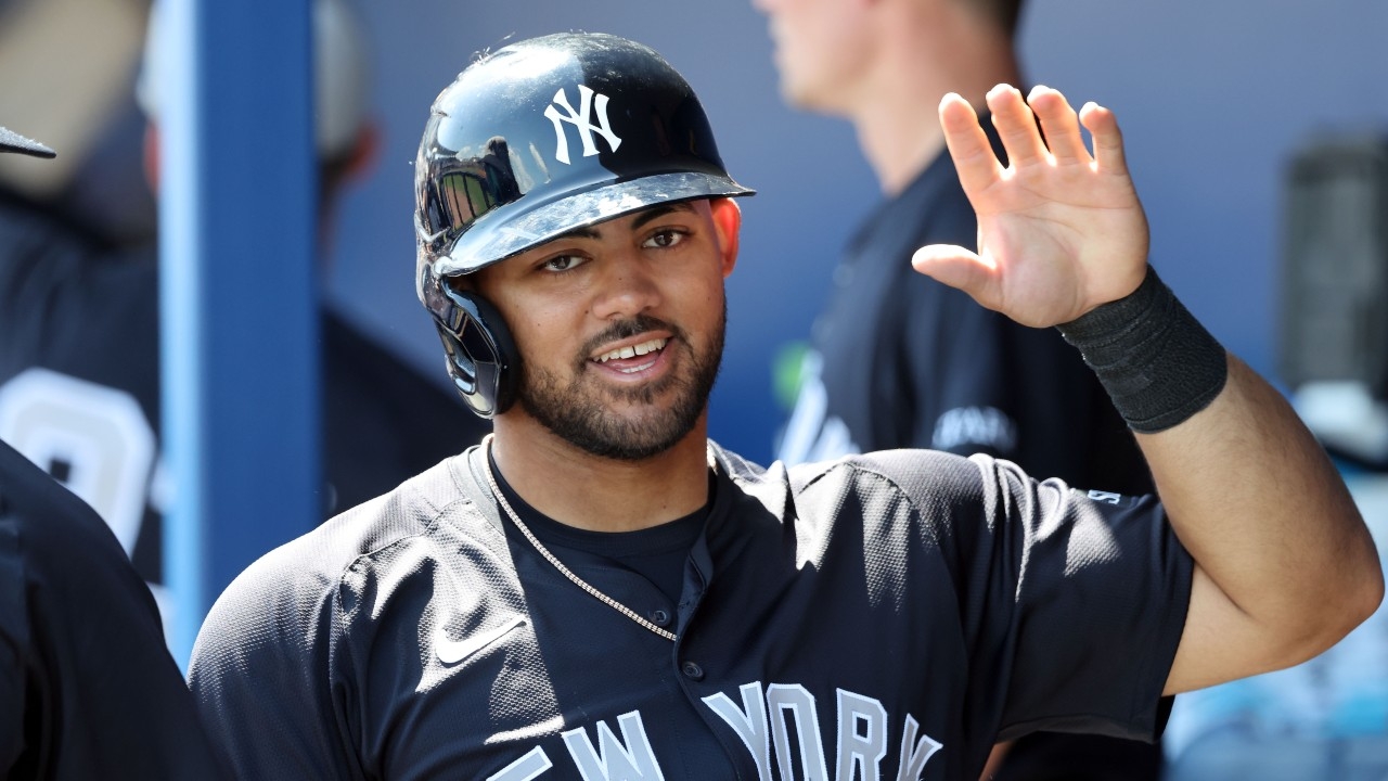 New York Yankees outfielder Jasson Dominguez (24) scores a run during the third inning against the Tampa Bay Rays at Charlotte Sports Park.