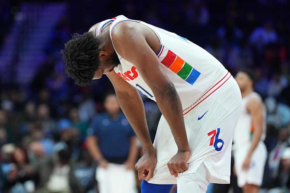 PHILADELPHIA, PENNSYLVANIA - FEBRUARY 11: Joel Embiid #21 of the Philadelphia 76ers looks down against the Toronto Raptors in the second half at the Wells Fargo Center on February 11, 2025 in Philadelphia, Pennsylvania. The Raptors defeated the 76ers 106-103. NOTE TO USER: User expressly acknowledges and agrees that, by downloading and/or using this photograph, user is consenting to the terms and conditions of the Getty Images License Agreement. (Photo by Mitchell Leff/Getty Images)