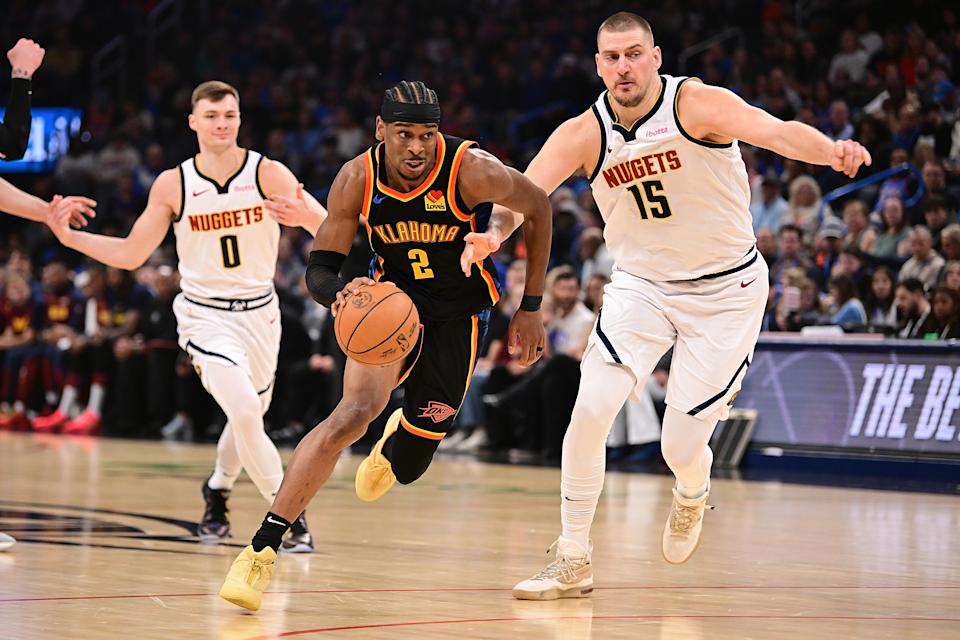 Shai Gilgeous-Alexander and the Thunder won the first of two-straight games against Nikola Jokić and the Nuggets. (Joshua Gateley/Getty Images)