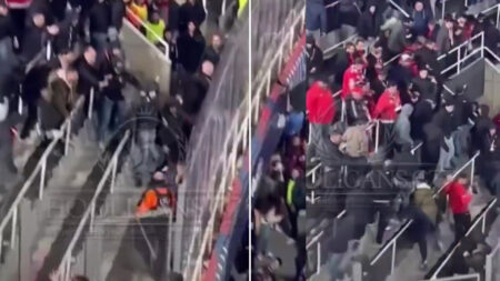 Benfica fans furiously brawl with Barcelona stewards with limbs everywhere during Champions League KO