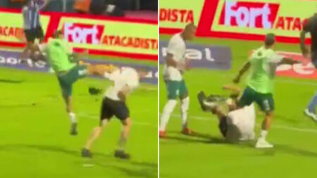 Footie star dangerously kicks TWO fans in astonishing cup final rampage after being sent off as hundreds invade pitch