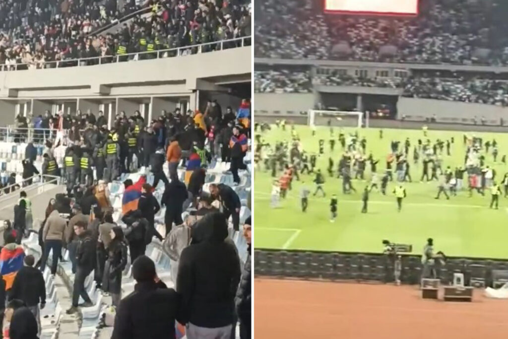 Nations League play-off descends into chaos as fans invade pitch and fight in stands in shocking scenes