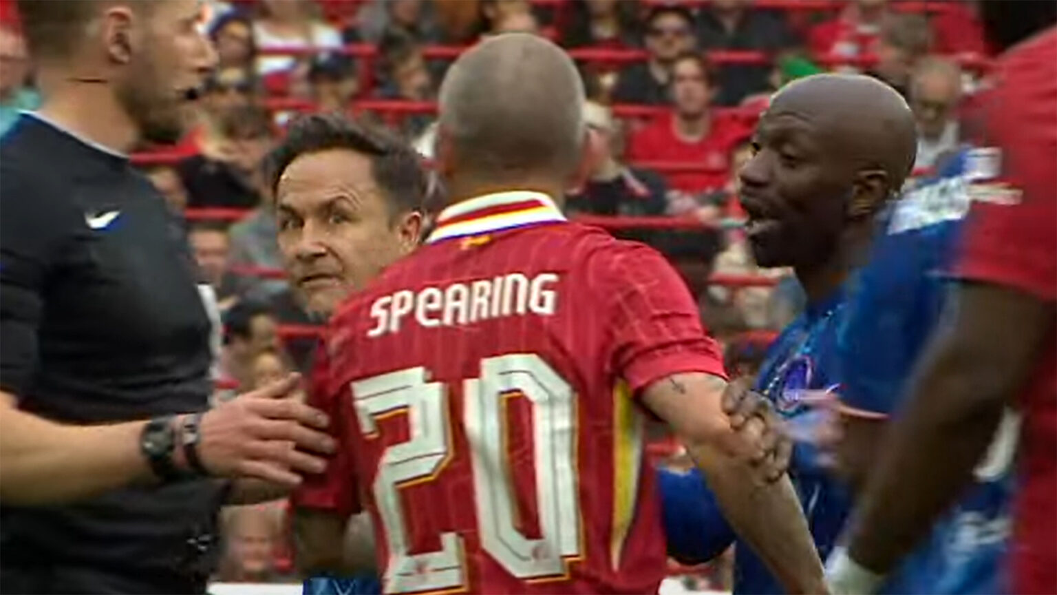 Dennis Wise squares up to Jay Spearing in legends game as clash turns ugly with Chelsea icon wagging finger in his face