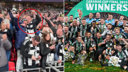 Premier League star, 22, seen celebrating Carabao Cup final triumph in the Newcastle end as fans say ‘give him a medal’