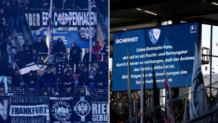 Bundesliga clash delayed by nearly an HOUR in row over ultras’ banners as stadium announcer begs for help