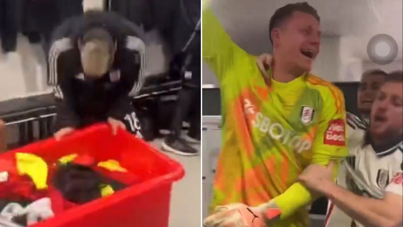 Inside Fulham’s wild dressing room celebrations as rowdy stars launch bottles and dive around after win over Man Utd