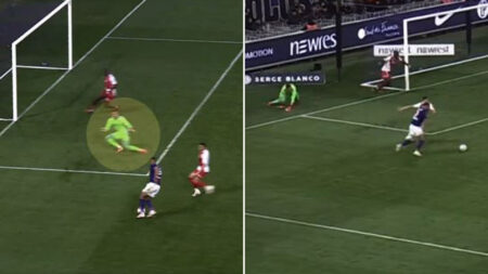 ‘Why is he sliding like he’s celebrating?’ – Monaco keeper makes two shocking blunders in seconds to give away goal