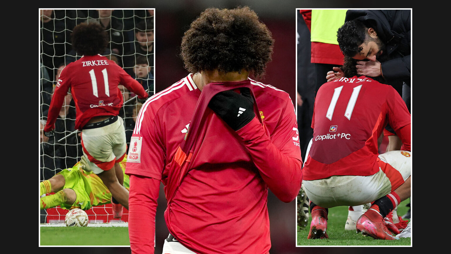 Joshua Zirkzee breaks down in tears and is consoled by Man Utd and Fulham stars after penalty shootout miss