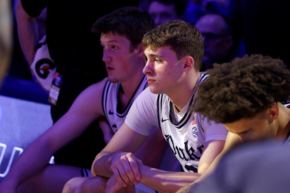 NEW YORK, NEW YORK - FEBRUARY 22: Kon Knueppel #7 and Cooper Flagg #2 of the Duke Blue Devils look on prior to their game against the Illinois Fighting Illini at Madison Square Garden on February 22, 2025 in New York City. (Photo by Lance King/Getty Images)