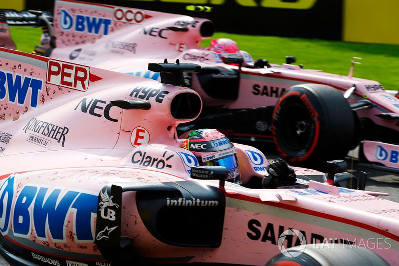 Sergio Perez, Force India VJM10, Esteban Ocon, Force India VJM10