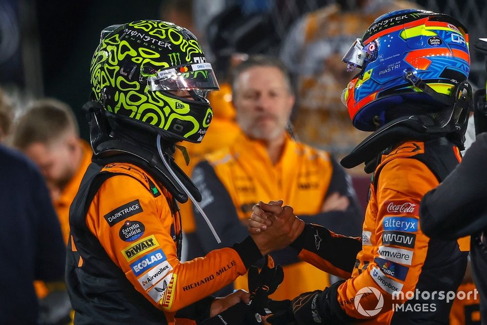 Lando Norris, McLaren F1 Team, 2nd position, Oscar Piastri, McLaren F1 Team, 1st position, congratulate each other in Parc Ferme 