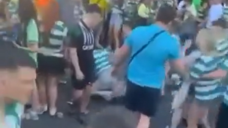 Celtic fans fight in the streets during title party as Glasgow’s Trongate left strewn with litter