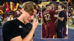 Serie A star Edoardo Bove bursts into tears as he makes first appearance at Roma stadium since collapsing on pitch