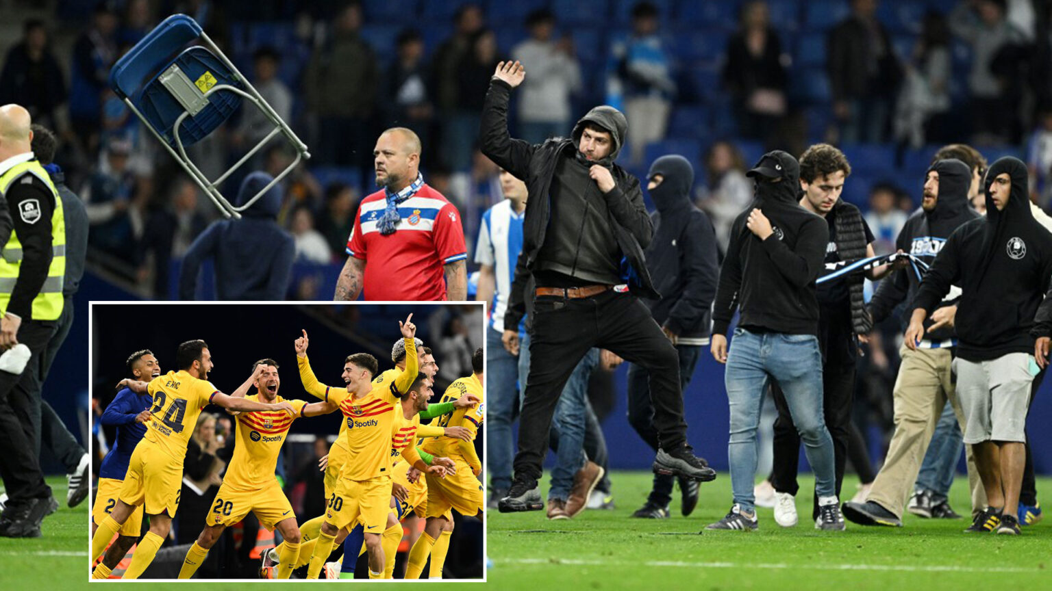 Moment Barcelona stars get chased by rampaging Espanyol fans after winning LaLiga title on fierce rivals’ turf