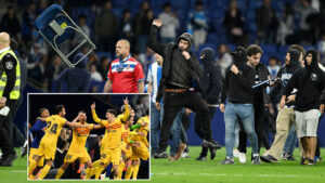 Moment Barcelona stars get chased by rampaging Espanyol fans after winning LaLiga title on fierce rivals’ turf