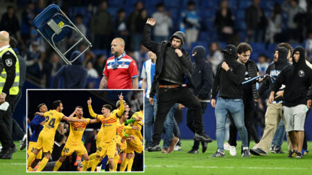 Moment Barcelona stars get chased by rampaging Espanyol fans after winning LaLiga title on fierce rivals’ turf