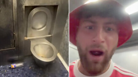 Moment baffled Man Utd fan gets trapped in toilet in Bilbao and is left soaked by self-cleaning system