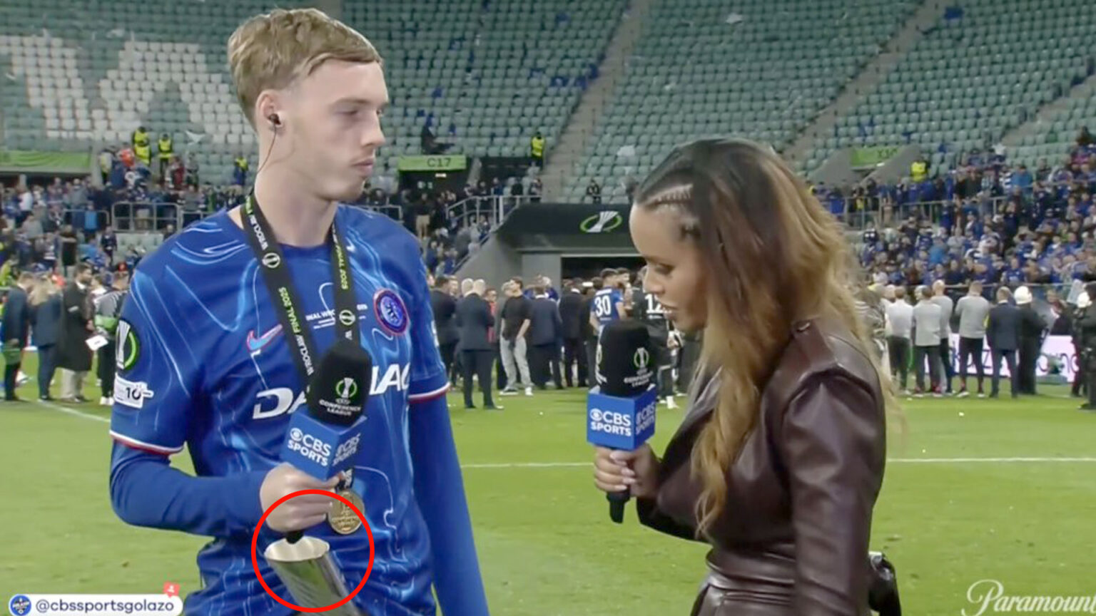 CBS Sports reporter asks Cole Palmer why he’s carrying trophy in his shorts and Chelsea star’s answer doesn’t disappoint