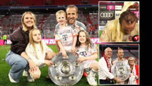 Harry Kane DRENCHED in beer in TV interview as he celebrates with proud family on pitch after FINALLY lifting a trophy