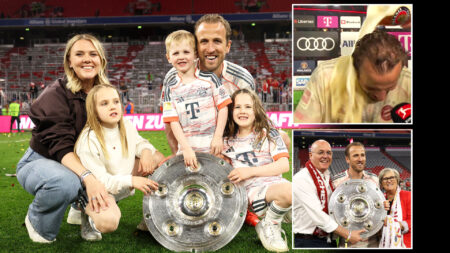 Harry Kane DRENCHED in beer in TV interview as he celebrates with proud family on pitch after FINALLY lifting a trophy