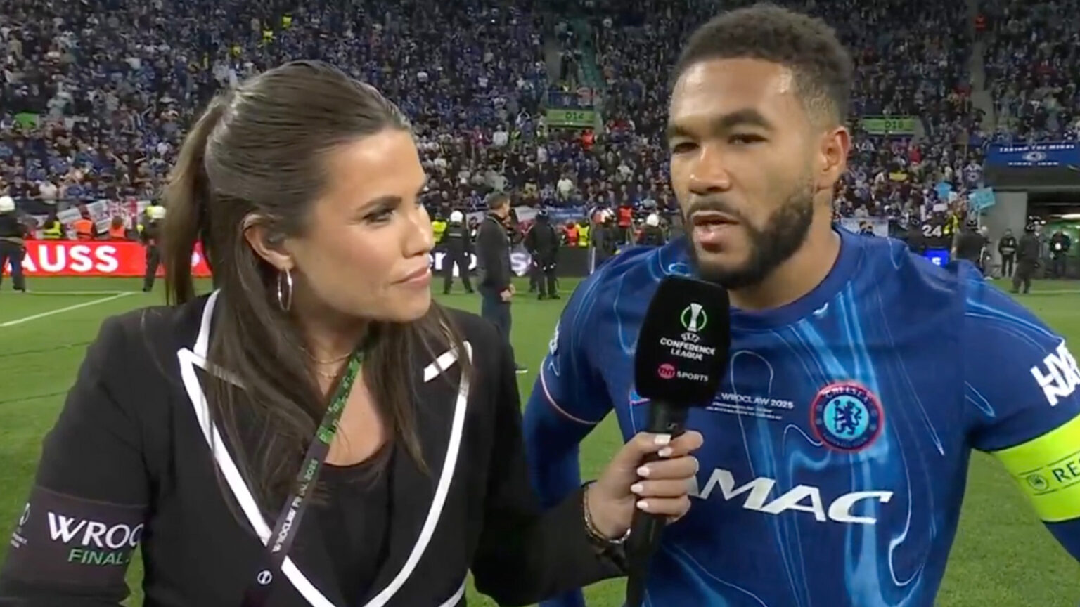 Reece James overheard by TNT Sports presenter rollocking Chelsea team-mates at half-time of Conference League final