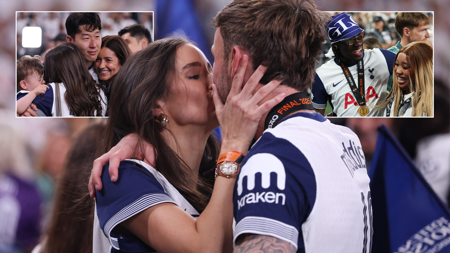 James Maddison kisses girlfriend Kennedy Alexa as Spurs stars celebrate with families on pitch after Europa League win