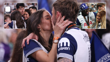 James Maddison kisses girlfriend Kennedy Alexa as Spurs stars celebrate with families on pitch after Europa League win