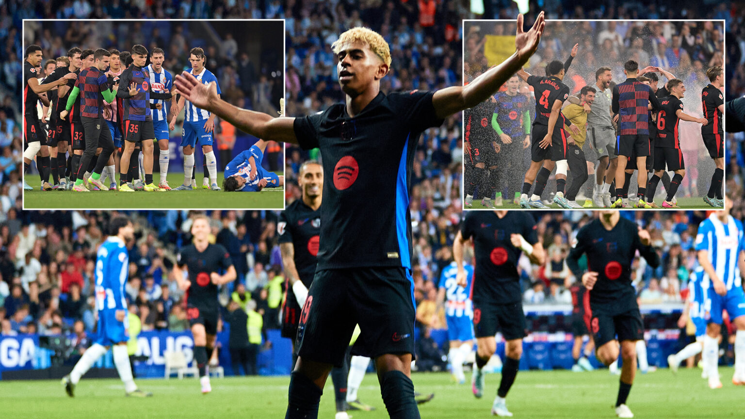 Barcelona win LaLiga at Espanyol as fierce rivals turn sprinklers on to dampen celebration before Hansi Flick intervenes