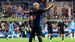 Barcelona win LaLiga at Espanyol as fierce rivals turn sprinklers on to dampen celebration before Hansi Flick intervenes