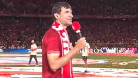 Thomas Muller has Bayern Munich fans howling with risque funeral joke in farewell speech on pitch