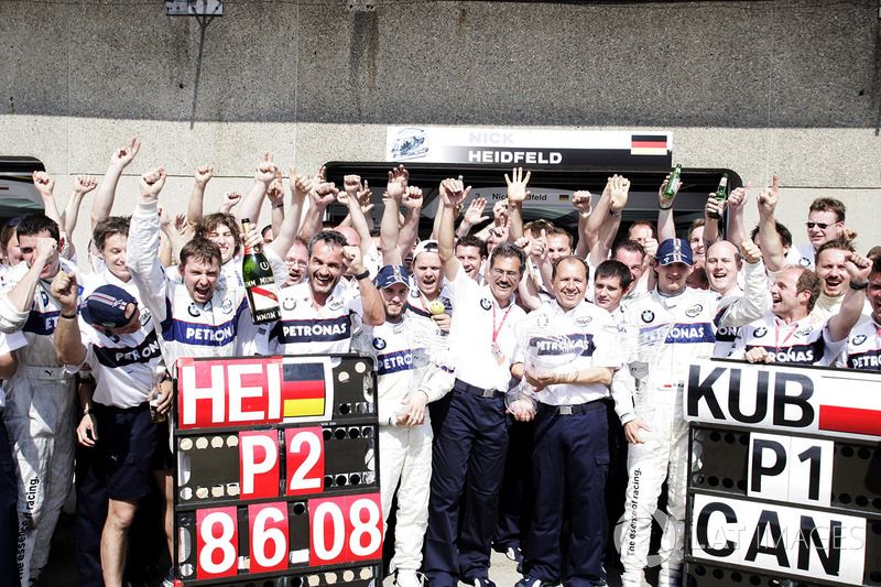 Sauber's only win came as a BMW works team at the 2008 Canadian Grand Prix with Robert Kubica. Zehnder is pictured to the left of second-placed Nick Heidfeld. After the following season BMW pulled out as Sauber fought for survival once more