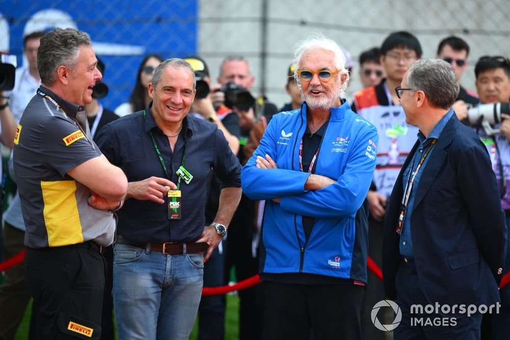 Marco Antonelli, Flavio Briatore, Executive Advisor of Alpine F1, Mario Isola, Director of Pirelli F1 and Stefano Domenicali, CEO of the Formula One Group at the tribute to the late Eddie Jordan