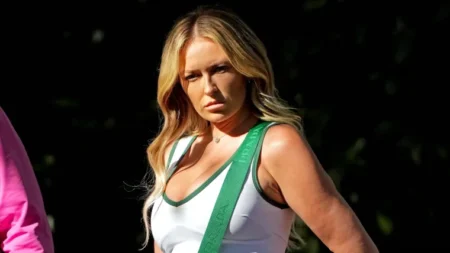 Paulina Gretzky turns heads in midriff-baring top and leather pants at NHL playoff game
