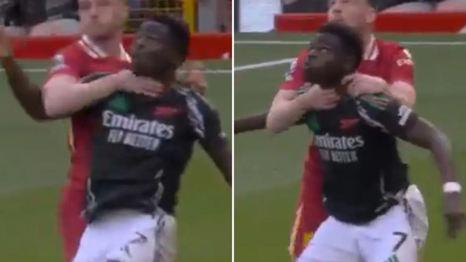 Arsenal fans furious as Bukayo Saka ‘chokeslammed’ by Andy Robertson but VAR fails to intervene
