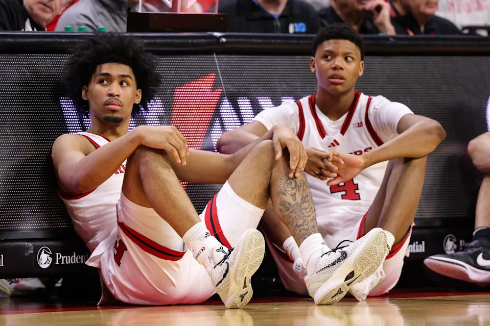 PISCATAWAY, NEW JERSEY - MARCH 9: Dylan Harper #2 of the Rutgers Scarlet Knights and Ace Bailey #4 of the Rutgers Scarlet Knights against the Minnesota Golden Gophers during the second half at Jersey Mike's Arena on March 9, 2025 in Piscataway, New Jersey. (Photo by Ed Mulholland/Getty Images)