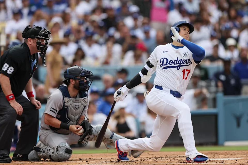 Dodgers star Shohei Ohtani strikes out against the Yankees in the first inning Sunday.