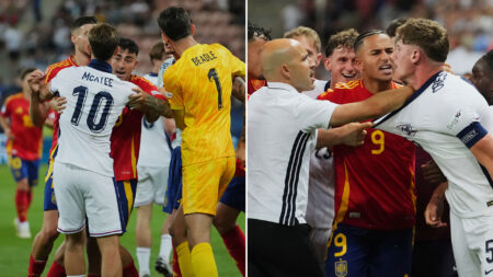 Chaos as England’s U21s Euros quarter-final win over Spain ends in mass brawl as Ashley Cole is forced to step in