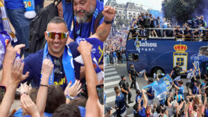 Arsenal legend Santi Cazorla leads celebrations at Oviedo’s incredible open-top bus parade as thousands line streets