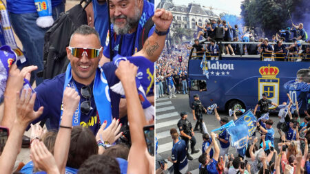 Arsenal legend Santi Cazorla leads celebrations at Oviedo’s incredible open-top bus parade as thousands line streets