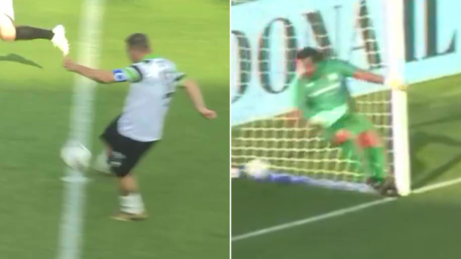 World Cup winner and one-club legend, 48, rolls back the years with stunning goal from HALFWAY line