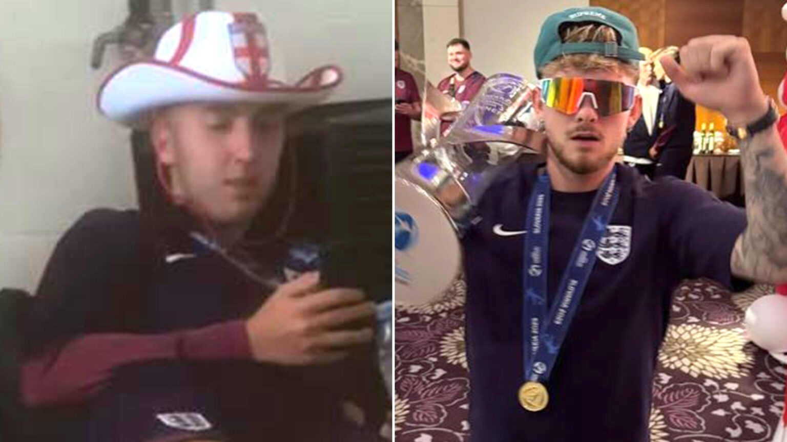 England U21s star looks worse for wear after wild celebrations onboard 3:30am flight for winning European Championships