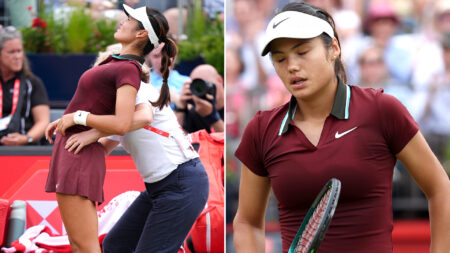Emma Raducanu gets treatment for back injury in worrying scenes as she crashes out of Queen’s 17 days before Wimbledon
