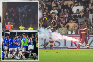 Play-off clash ABANDONED with players marched off pitch and riot police forced to intervene in chaotic scenes
