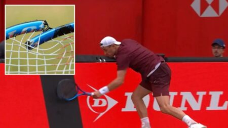 Moment furious Jack Draper breaks advertising board after smashing racquet in shocking Queen’s meltdown