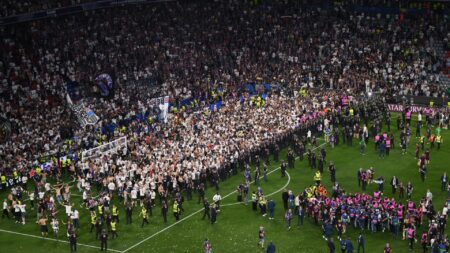 Thousands of PSG fans invade pitch and tear down goals after stunning Champions League final win over Inter Milan