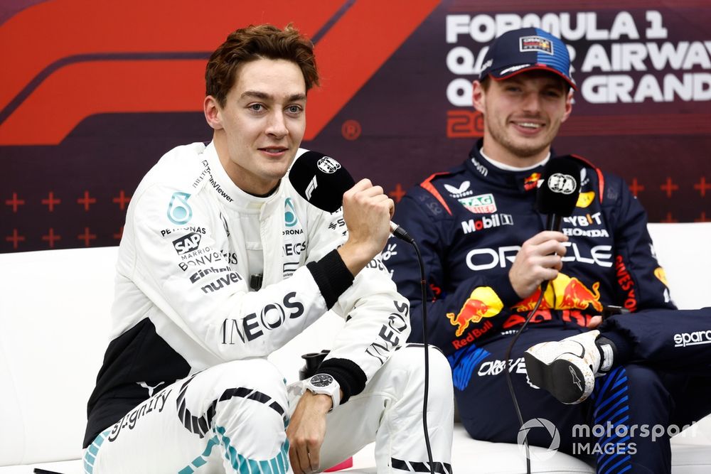 George Russell, Mercedes-AMG F1 Team, pole man Max Verstappen, Red Bull Racing, in the post qualifying press conference 