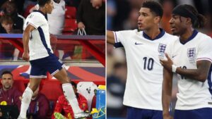 Jude Bellingham in incredible meltdown after England lose to Senegal as he boots water cooler and chases assistant ref