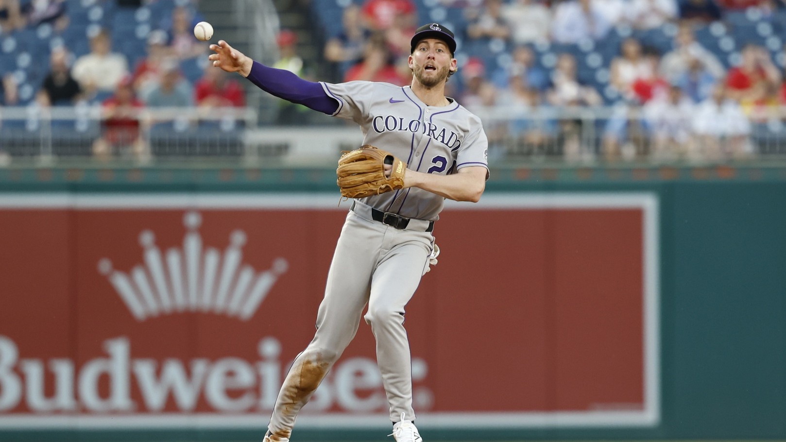 Jun 17, 2025; Washington, District of Columbia, USA; Colorado Rockies third baseman Ryan McMahon (24) makes a throw to first base after fielding a ground ball by Washington Nationals third baseman Brady House (not pictured) during the fourth inning at Nationals Park.