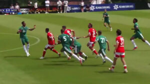 EFL star sparks furious brawl and chased by opponents after ‘one of the worst tackles you’ll ever see in a friendly’